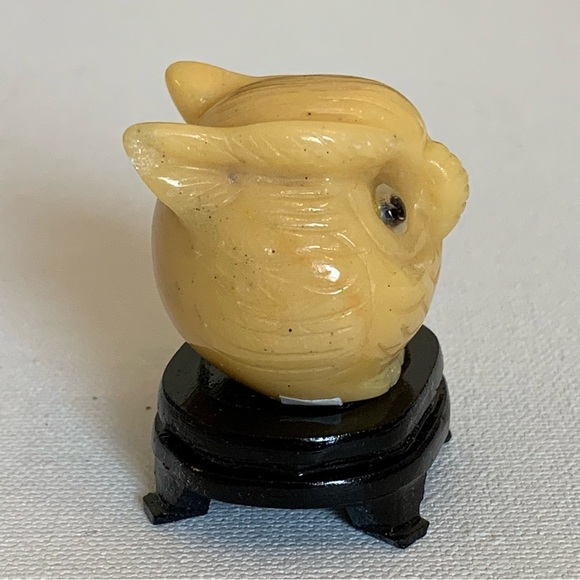 Vintage Yellow Jasper Owl Carving with Wood Stand Chubby Bird Mini Statue 1.4" - Picture 3 of 13